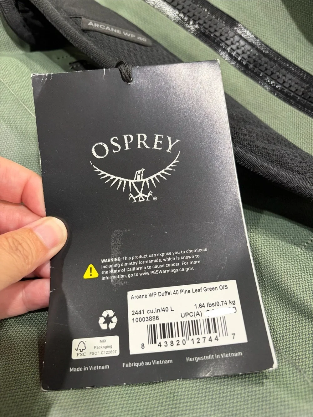 Osprey Arcane Waterproof Duffle 40 Pine Leaf Green NWT Waterproof Mesh Pocket